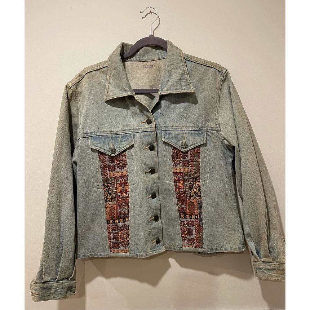 Wrecker Jeans Boho Tapestry Womens‎ Jean Jacket Distressed Light Wash Size M/L